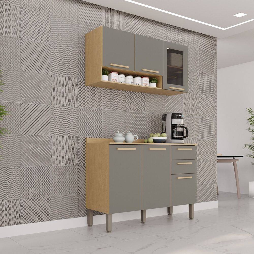 Cozinha Compacta 2 Peças 6 Portas 2 Gavetas Bella Jequitibá/Granizo