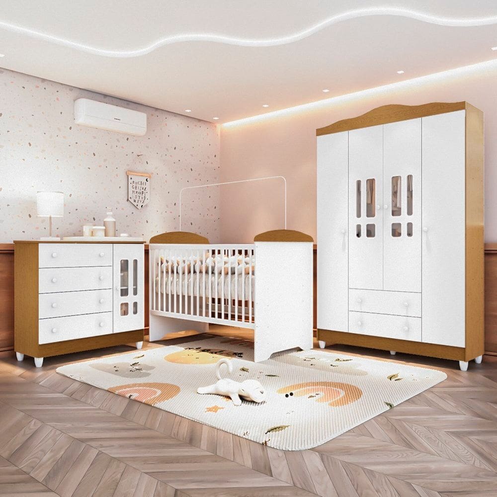 Quarto de Bebê Completo 3 Peças Berço 3 em 1 Eloá Branco/Bétula