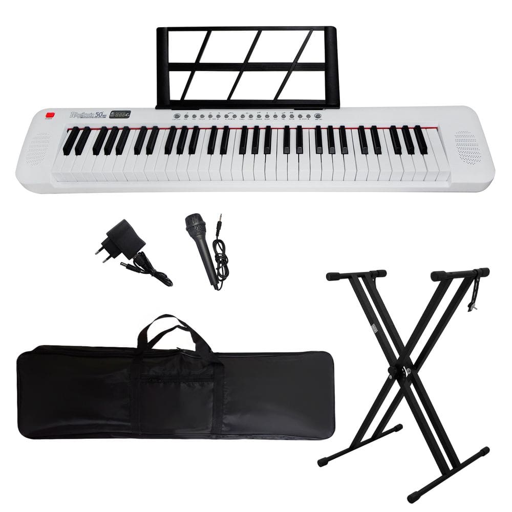 Kit Teclado Musical 61 Teclas Estudante Iniciante Rhythmic50WH + Capa e Suporte em X