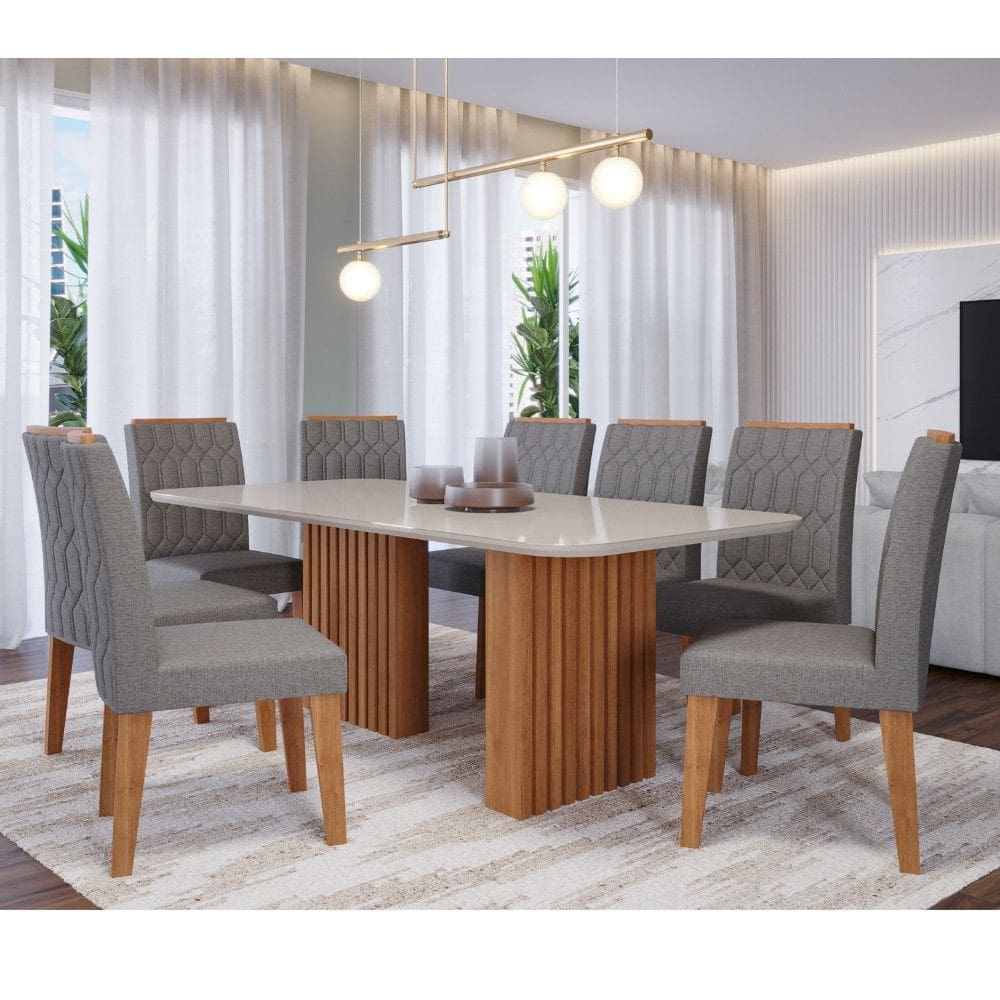 Conjunto Sala de Jantar Mesa Ester 210cm Com Tampo de Vidro com 8 Cadeiras Carla em MDF Cimol