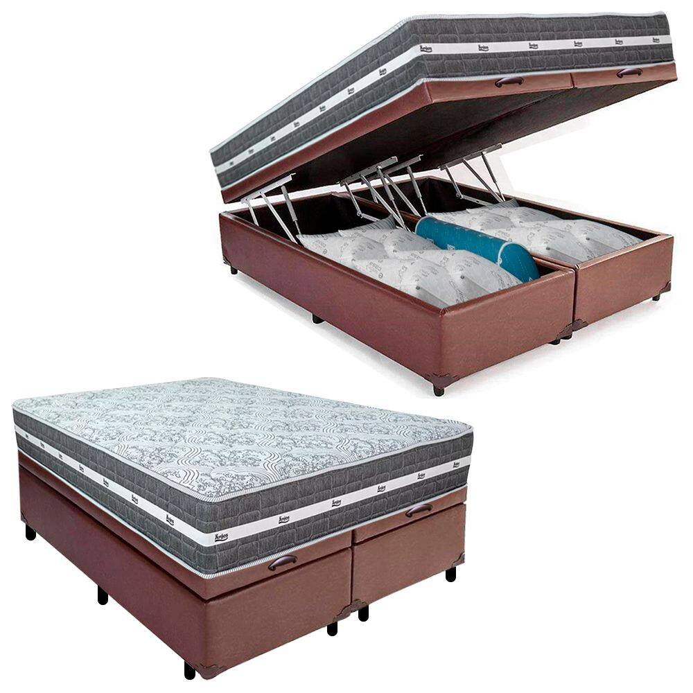 Cama Box Baú Casal Bipartido Sintético + Colchão Anjos Black Graphite Molas Ensacadas 138x188x64cm