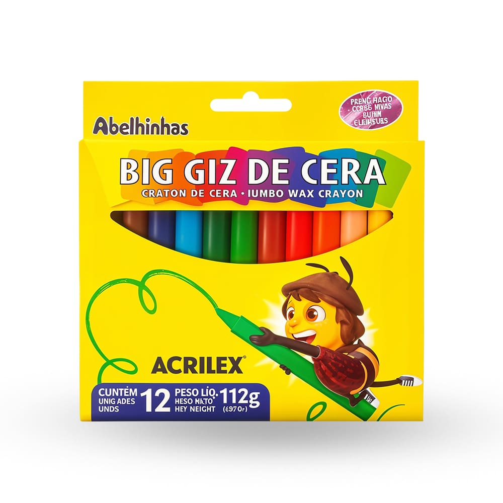 Kit com 3 Unid de Giz de Cera Grosso Acrilex 12 Cores Jumbo