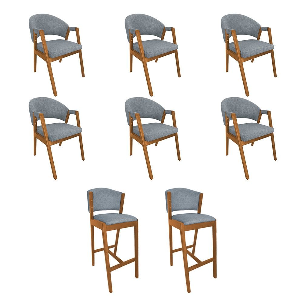 Kit 6 Cadeiras Helen Madeira Maciça com 2 Banquetas Ana Cerejeira para Mesa - Cinza