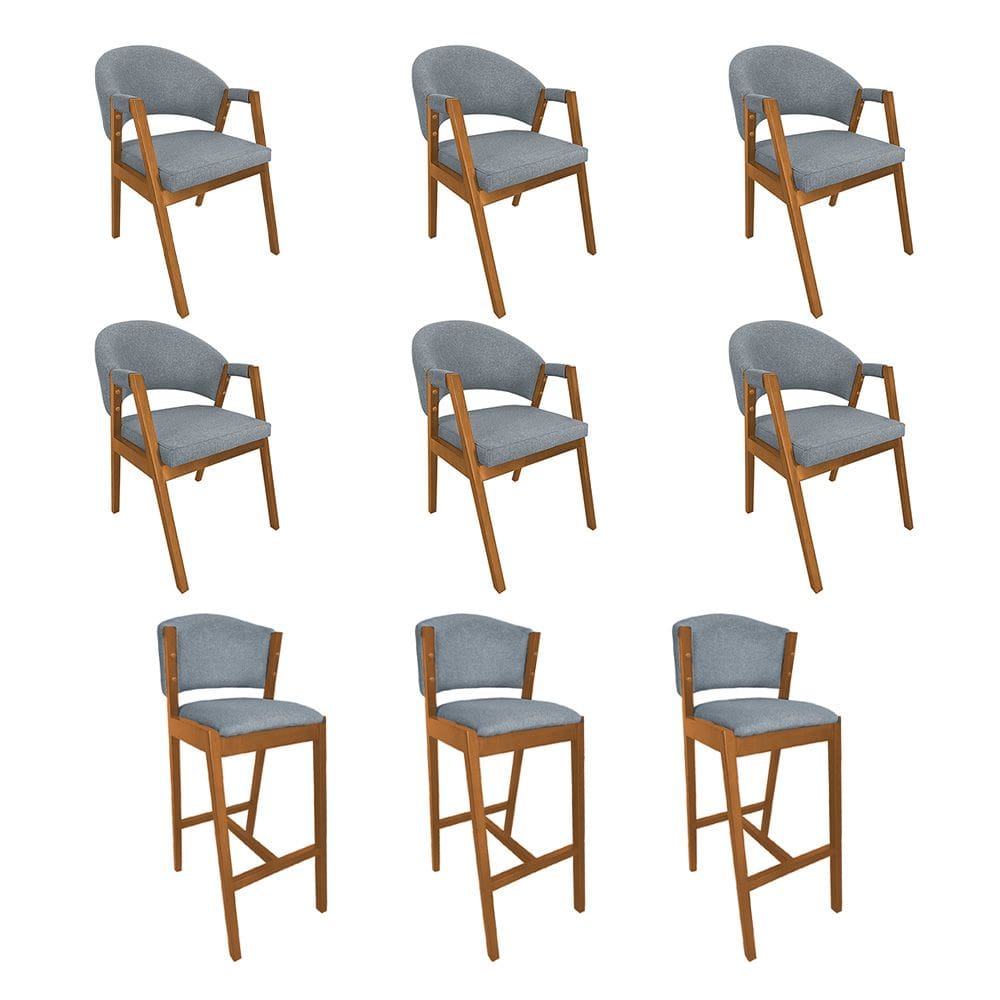 Kit 6 Cadeiras Helen para Mesa de Jantar com 3 Banquetas Ana Madeira Maciça Cerejeira - Cinza