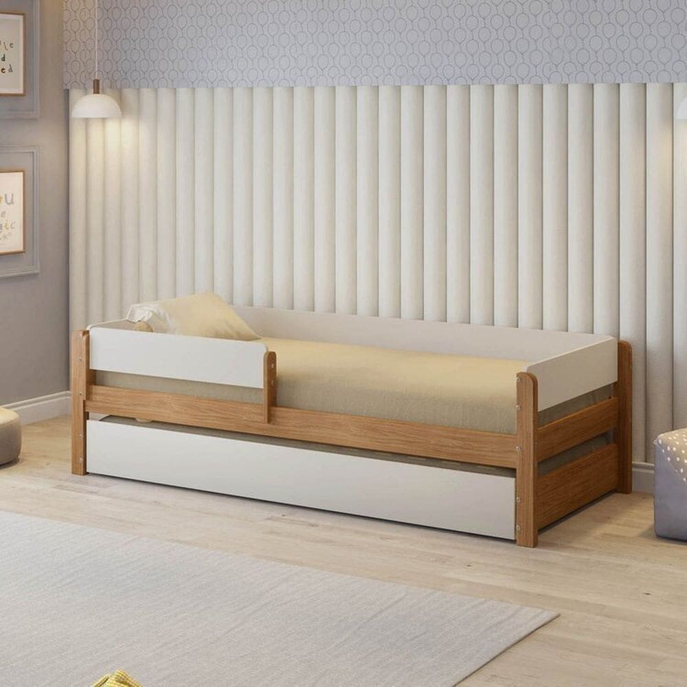 Bicama Infantil com Grade de Proteção Aria Casatema Madeiraoriginals Nogueira/Branco