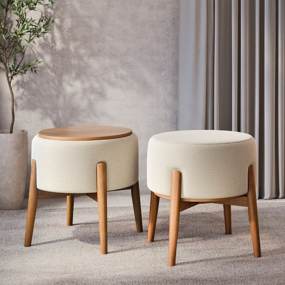 Kit 2 Puffs Dual 2 em 1 Vira Mesa Apoio Design Moderno Sala Estar Sala Tv - Palha Linho