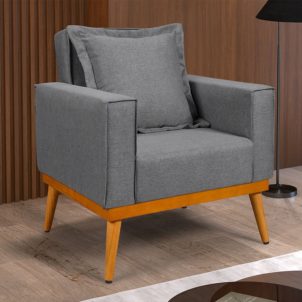 Poltrona Florença Decorativa Base Madeira Maciça Design Conforto Sala de Estar Luxo - Grafite Linho