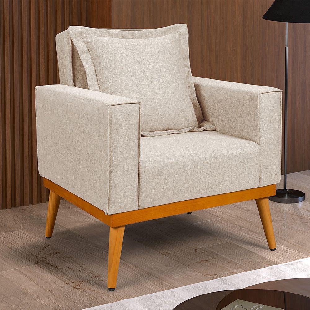 Poltrona Florença Decorativa Base Madeira Maciça Design Moderno Conforto Sala de Estar - Cru Linho