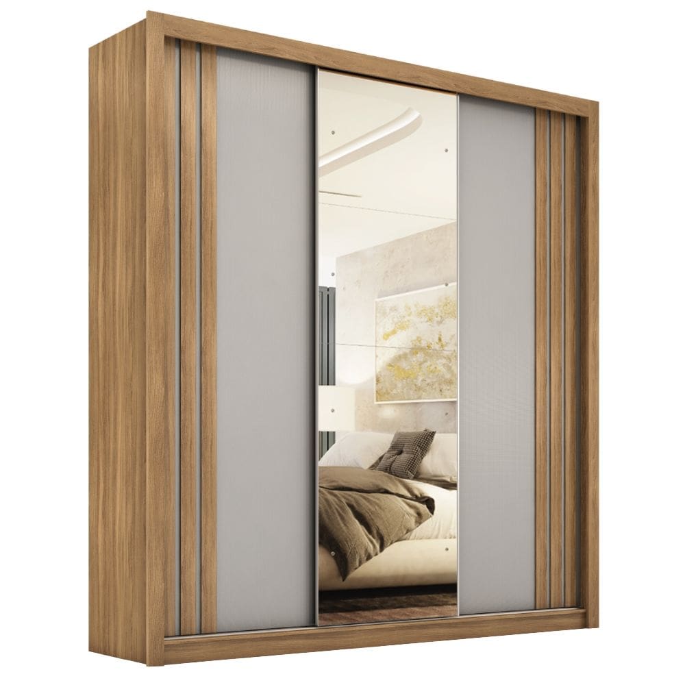 Guarda Roupas Casal com Espelho 3 Portas de Correr 2 Gavetas Moema Flex