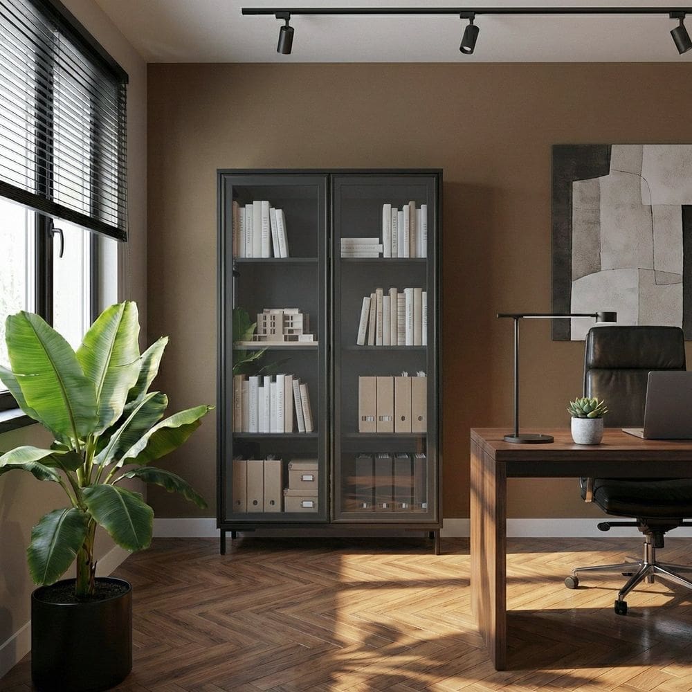 Estante Cristaleira Alta 2 Portas de Vidro 3 Prateleiras Preto