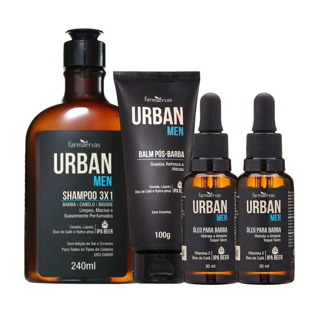 Kit Shampoo Masculino 3×1 Balm Hidratante Pós E 2 óleos Para Barba Urban Men