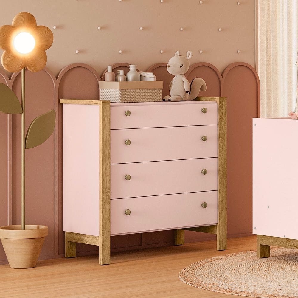 Cômoda Infantil com 4 Gavetas Flora 5135 Rosa Qmovi
