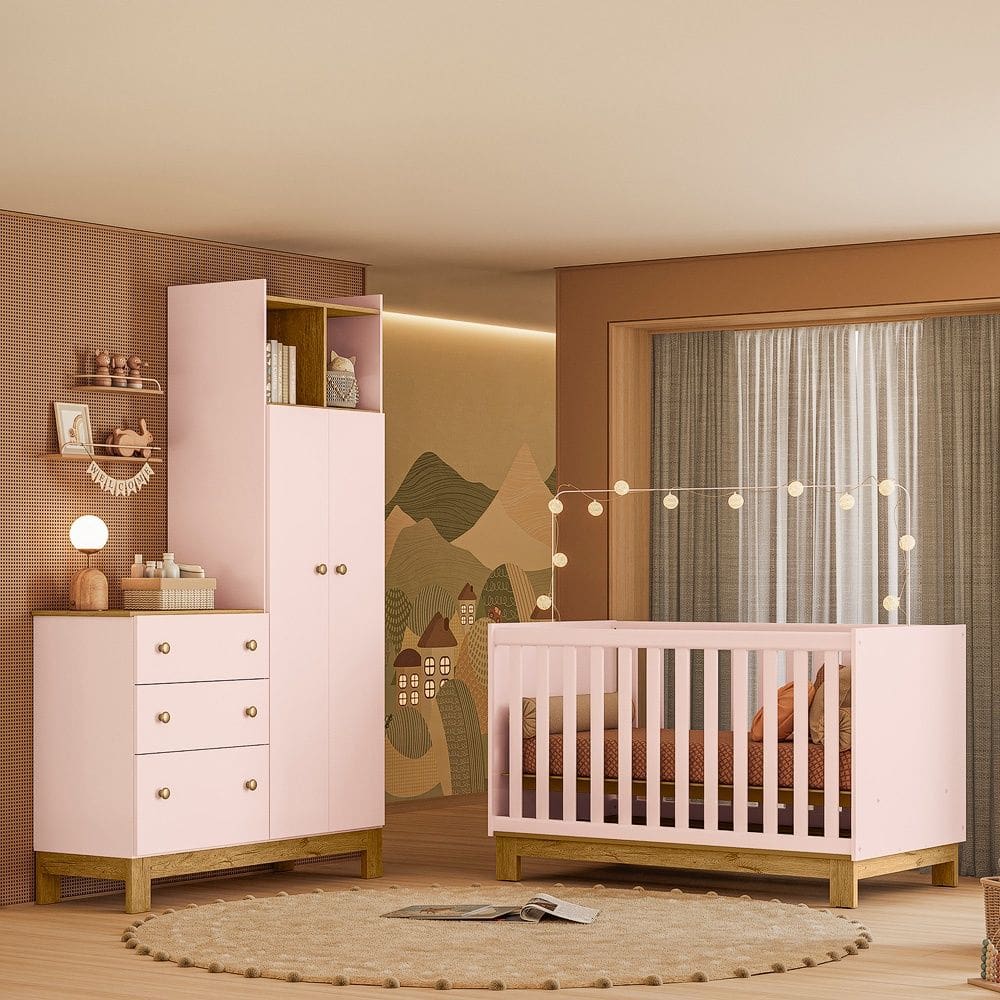 Quarto de Bebê com Berço Slim e Guarda Roupa com Cômoda Flora Rosa Qmovi