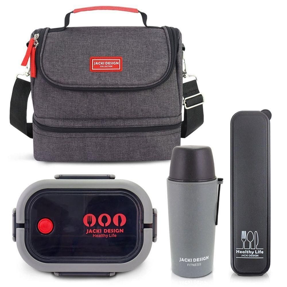 Kit Refeições Vibe Jacki Design – Marmita, Garrafa Térmica E Bolsa Térmica 2 Compartimentos - Cinza Preto