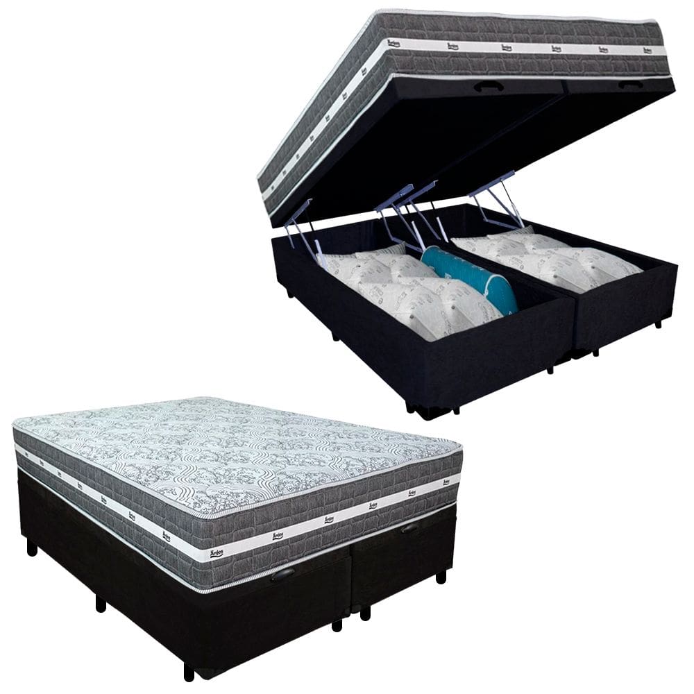 Cama Box Baú Casal Bipartido Suede + Colchão Anjos Black Graphite Molas Ensacadas 138x188x64cm