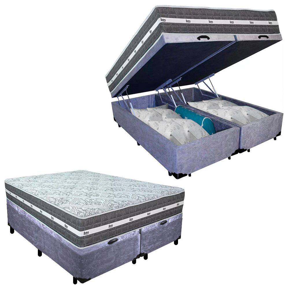 Cama Box Baú Casal Bipartido Suede + Colchão Anjos Black Graphite Molas Ensacadas 138x188x64cm