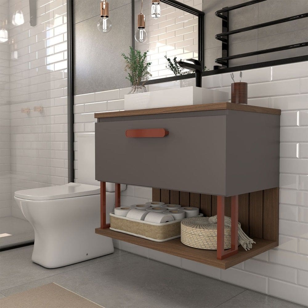 Armário de Banheiro Grandeza 80 Cm 1 Porta 100% Mdf Titanium/Freijó - Panorama Móveis