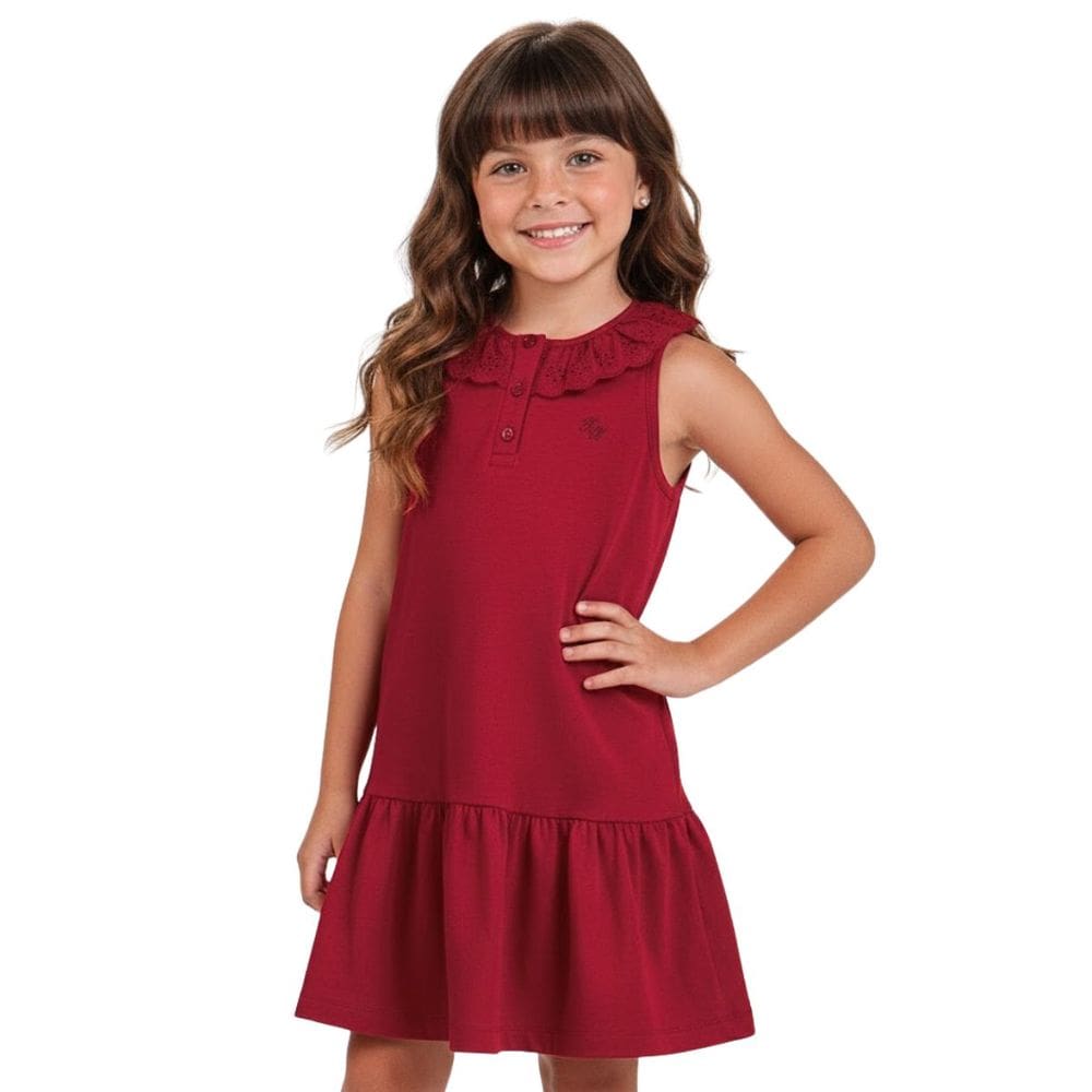 Vestido Infantil Vermelho com Gola Bordada Elegante Festa