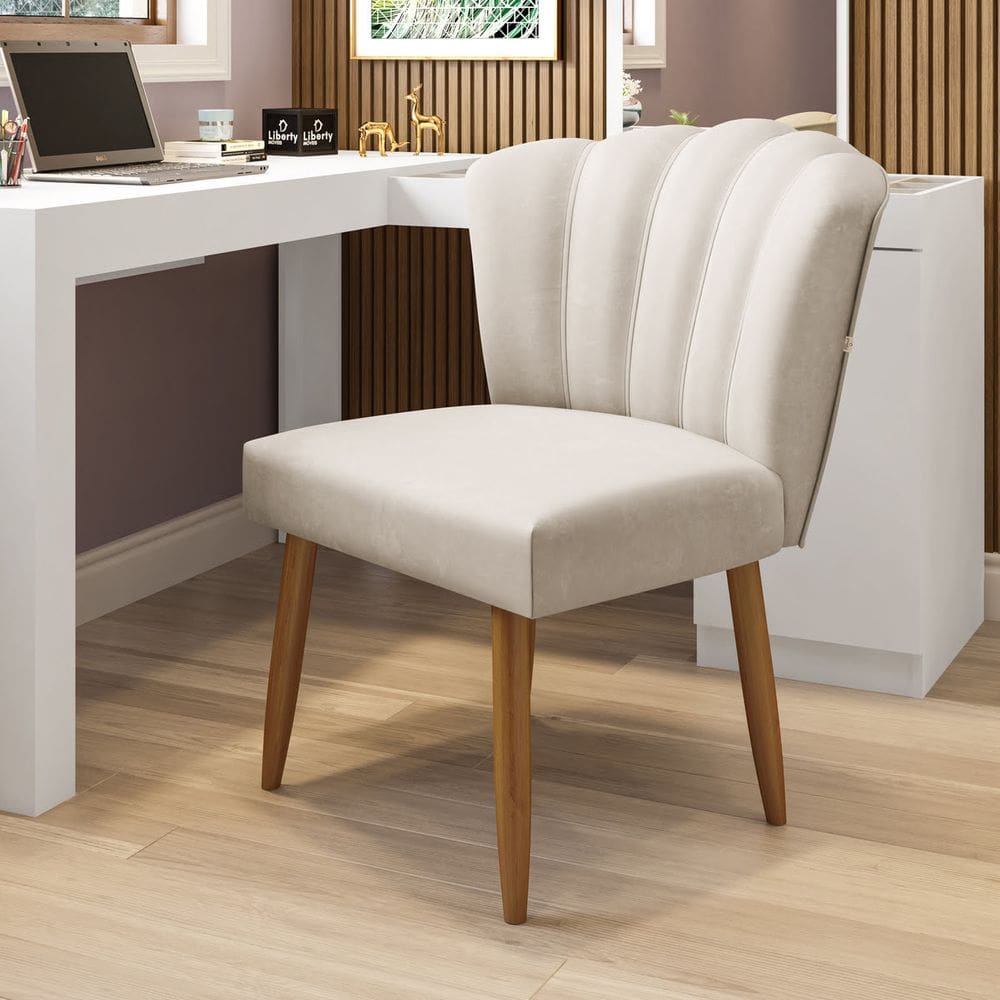 Cadeira Liberty Móveis Pétala Bege Madeira Estofada Veludo Retrô