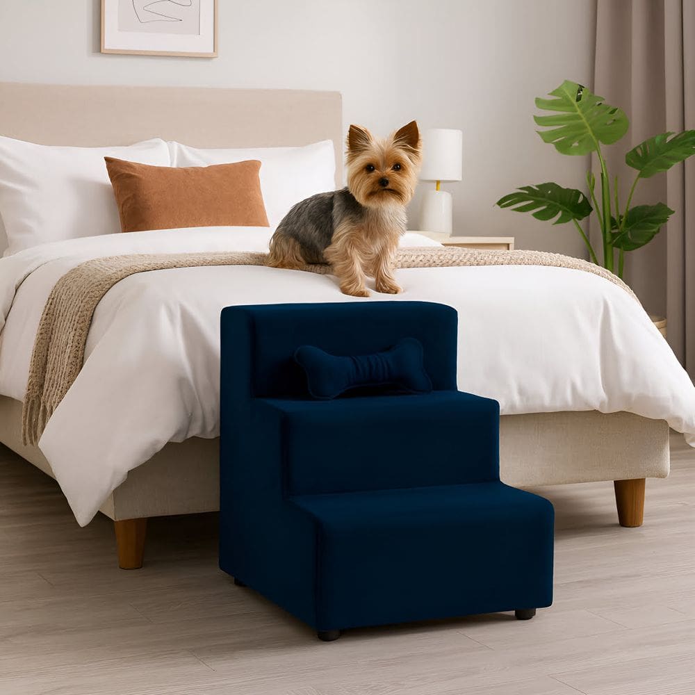 Escada Escadinha Para Pet 3 Degraus Osso Cor Azul Marinho Veludo Liberty Móveis