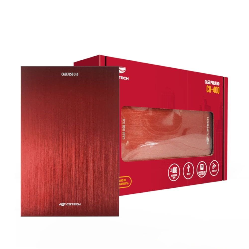 Gaveta para HD Externo 2,5” SATA USB 3.0 (até 6Gbps) CH-400RD, Compatível HD/SSD Até 6TB 7mm, C3Tech - Vermelho