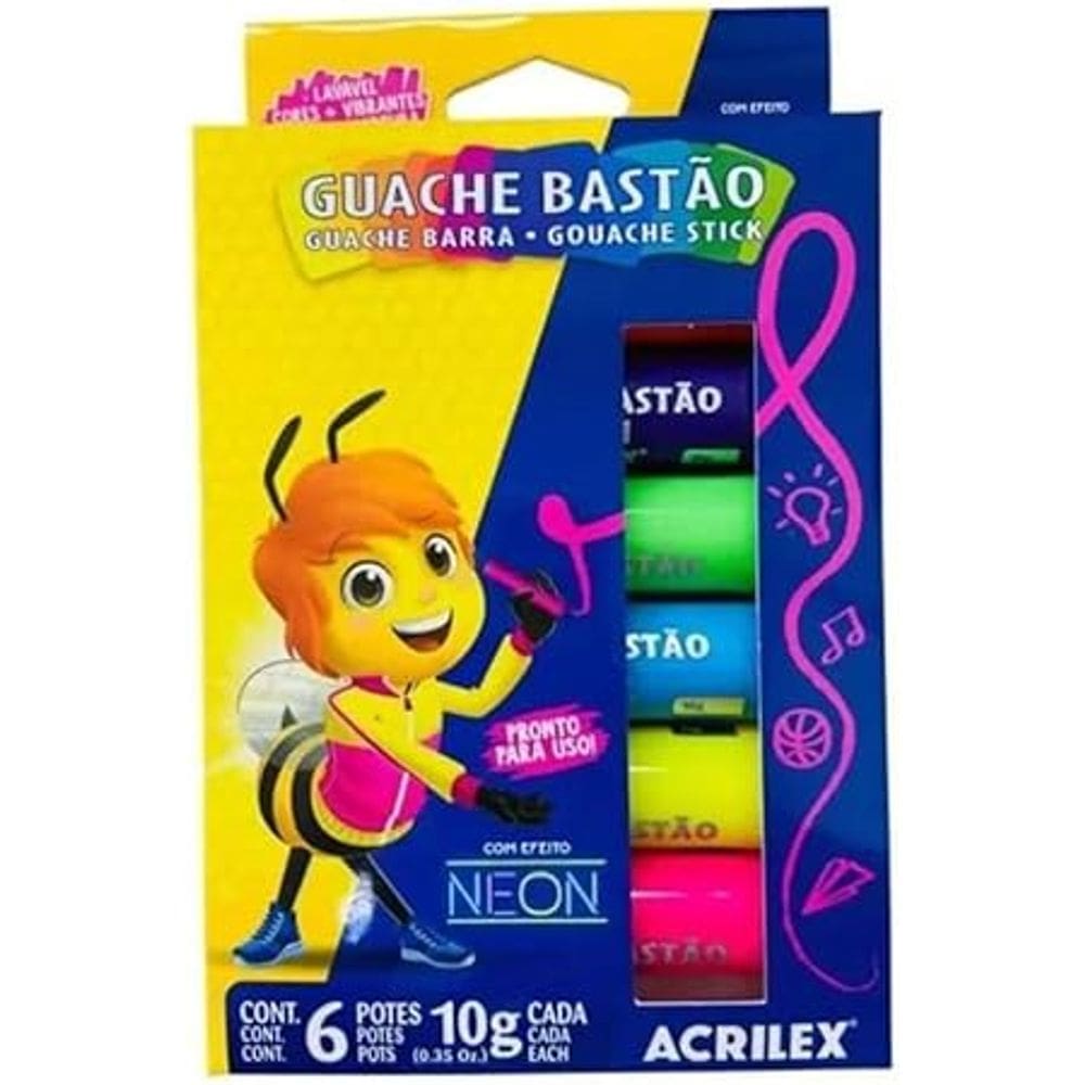 Tinta Guache, Acrilex, Em Bastão, 06 Cores Neon