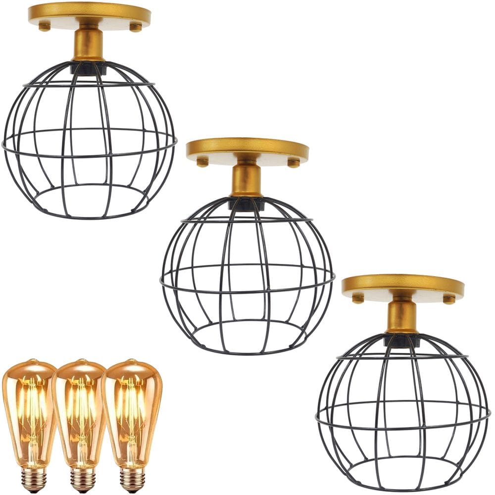 3 Lustre Teto Plafon + 3 Lâmpada Led St64 Industrial Aramado Globo Retrô Luminária Vintage