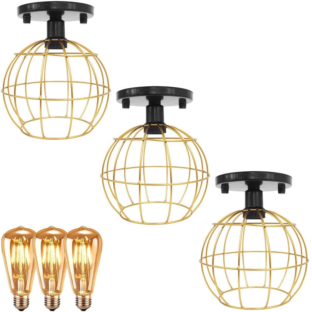 3 Lustres Teto Plafon + 3 Lâmpadas Led St64 Industrial Aramado Globo Dourado Retrô Vintage Preto