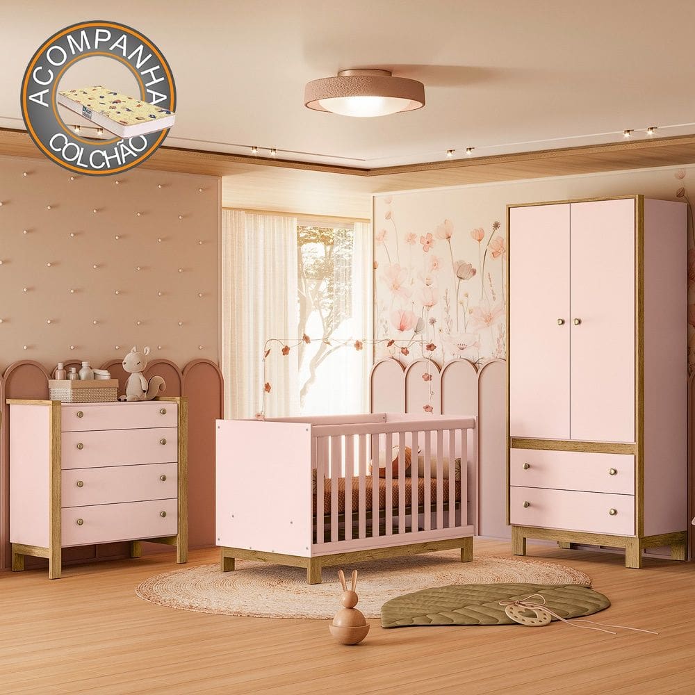 Quarto de Bebê Completo com Berço Slim Cômoda e Roupeiro Flora Rosa Qmovi + Colchão Gazin