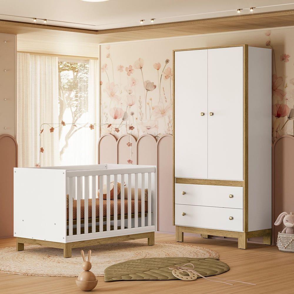 Quarto de Bebê com Berço Mini Cama Slim e Guarda Roupa Flora Branco Acetinado Qmovi