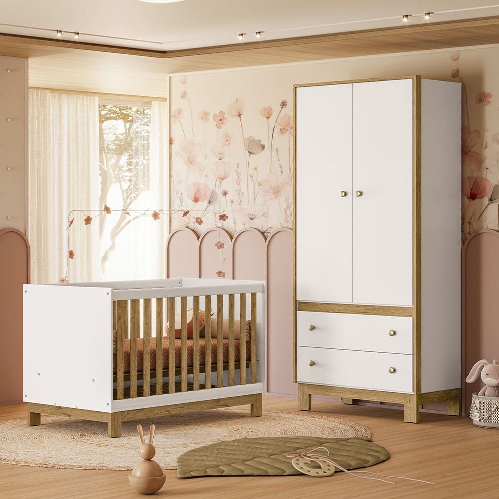 Quarto de Bebê com Berço Mini Cama Slim e Guarda Roupa Flora Branco Freijó Qmovi