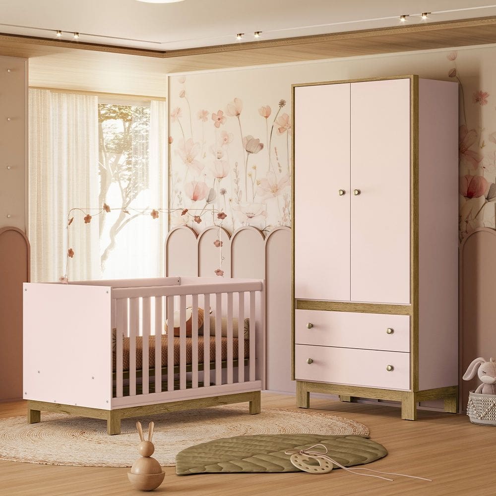 Quarto de Bebê com Berço Mini Cama Slim e Guarda Roupa Flora Rosa Qmovi