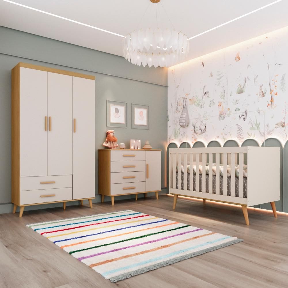 Quarto Bebê Retrô Completo Ludmila Berço Americano 3Em1 Cômoda Infantil Guarda Roupa 3 Portas 100% MDF