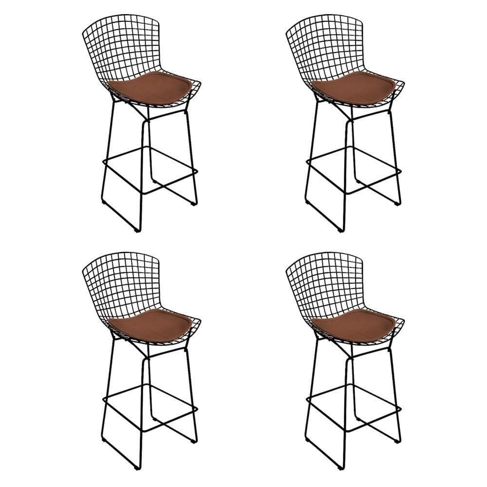 Kit 4 Banquetas Bistrô Bertoia Preta D80 Com Assento Marrom
