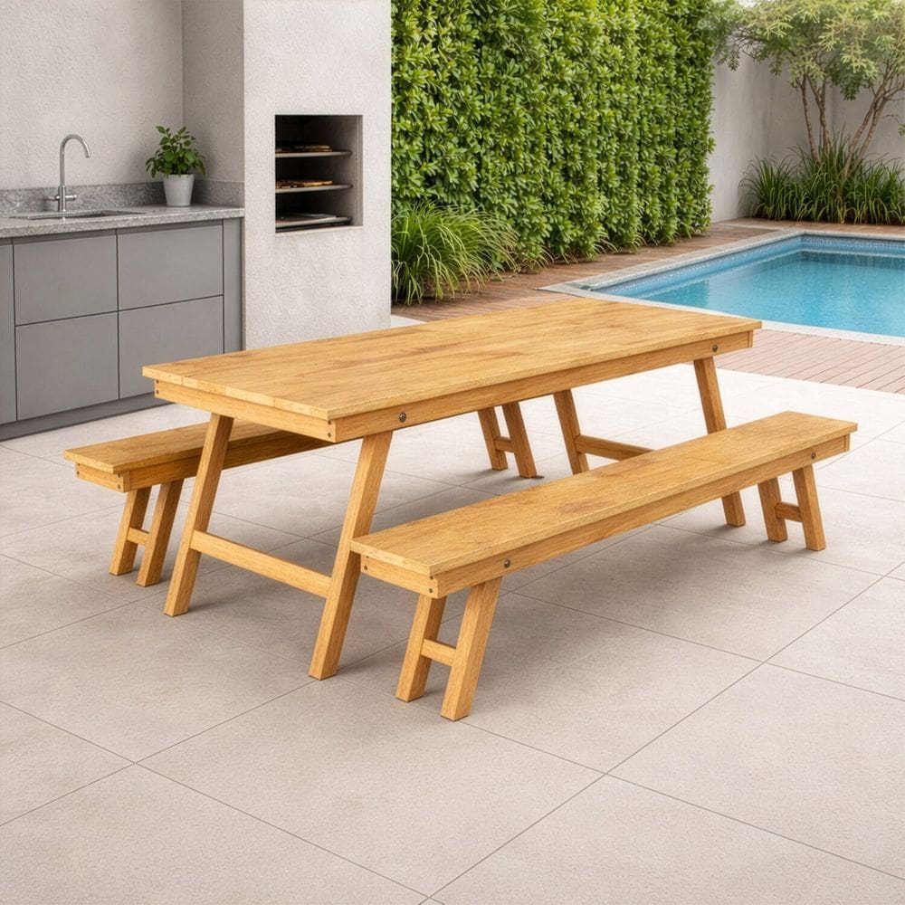 Conjunto Mesa de Churrasco Rústica com 2 Bancos em Madeira Maciça Eucalipto Cera Mel