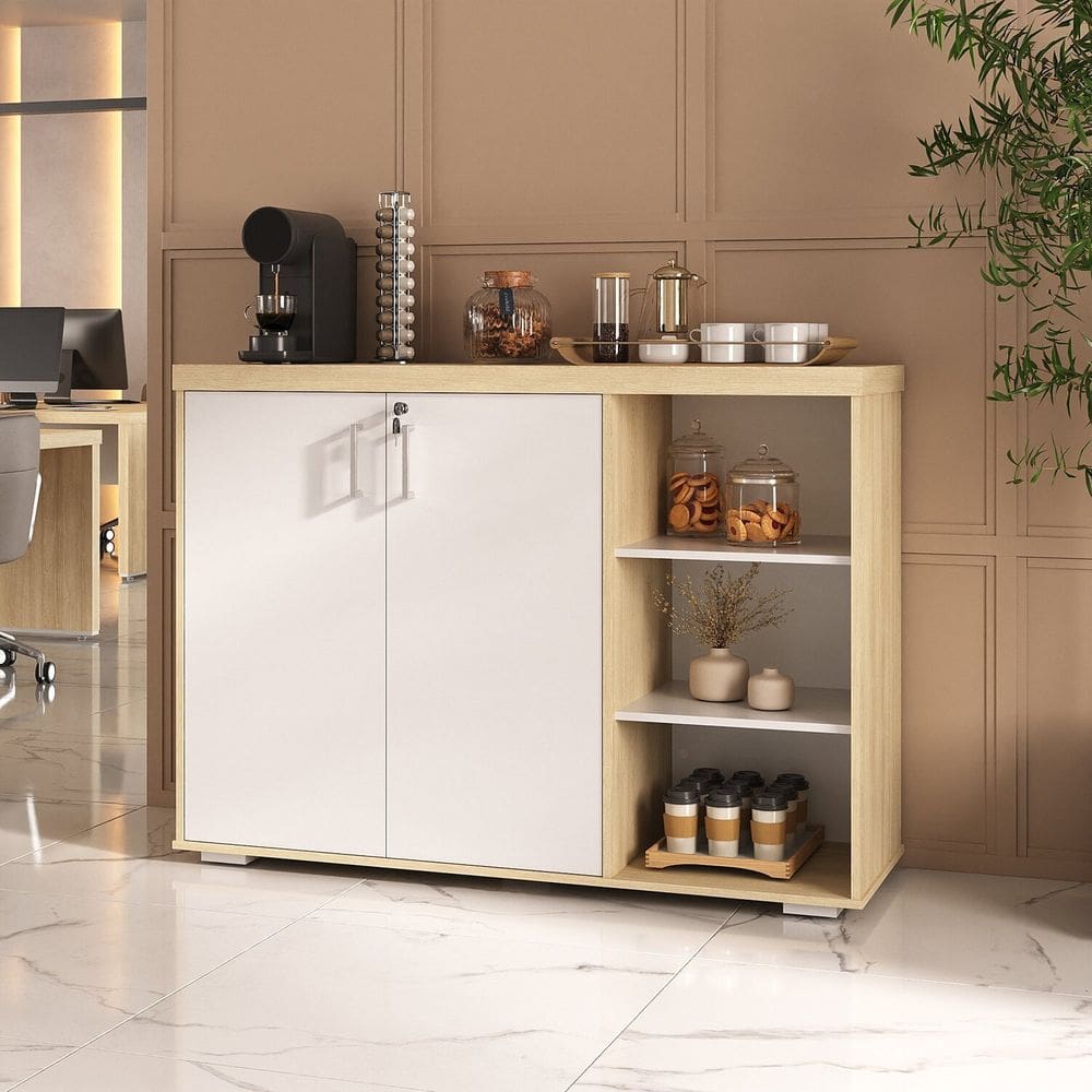 Cantinho do Café Armário Médio com 2 Portas Chave e Prateleiras Tamburato Carvalho / Branco