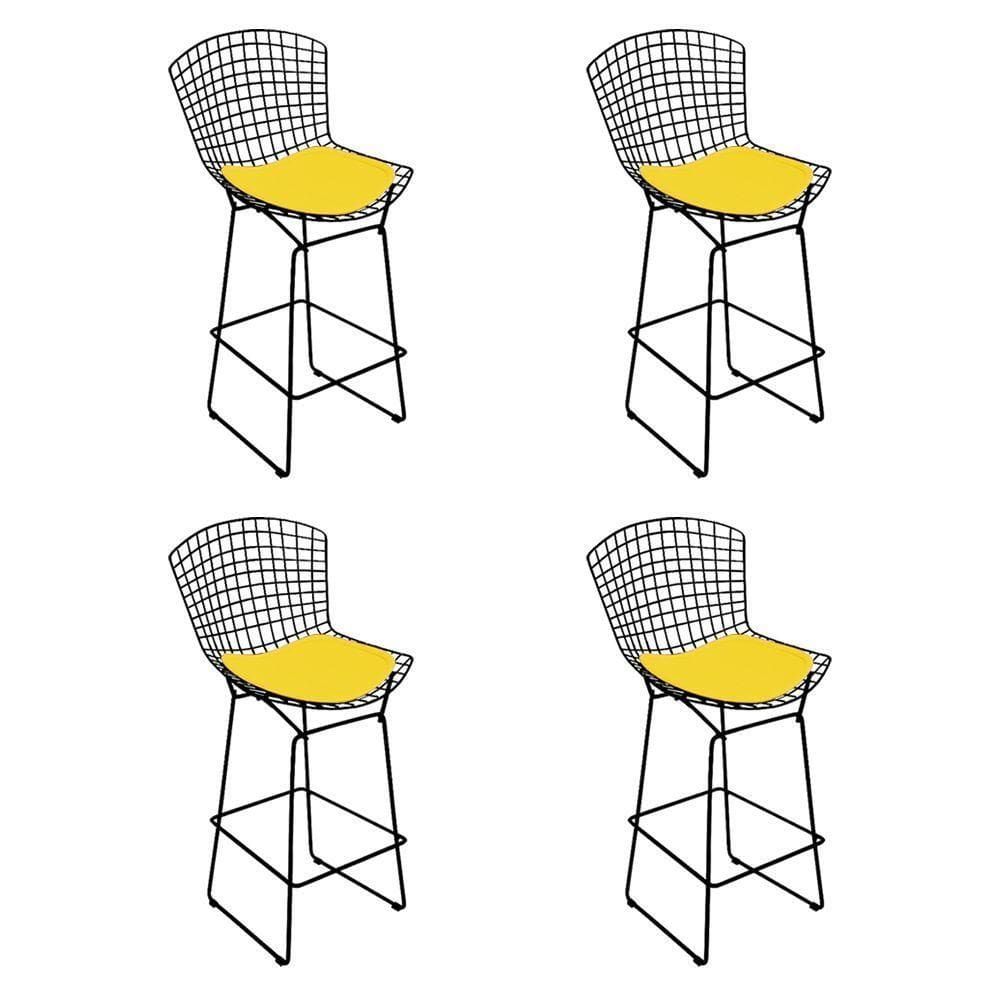 Kit 4 Banquetas Bistrô Bertoia Preta D60 Com Assento Amarelo