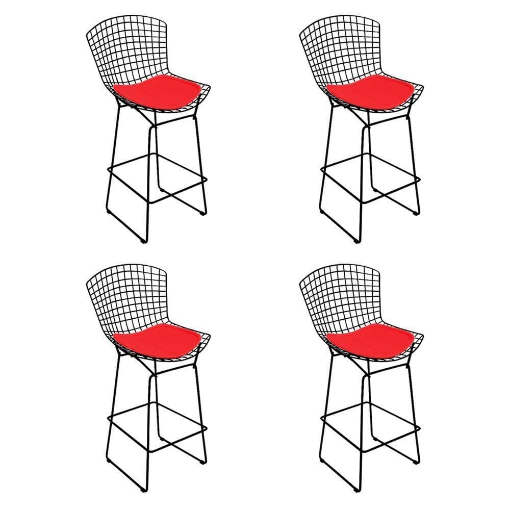 Kit 4 Banquetas Bistrô Bertoia Preta D80 Com Assento Vermelho