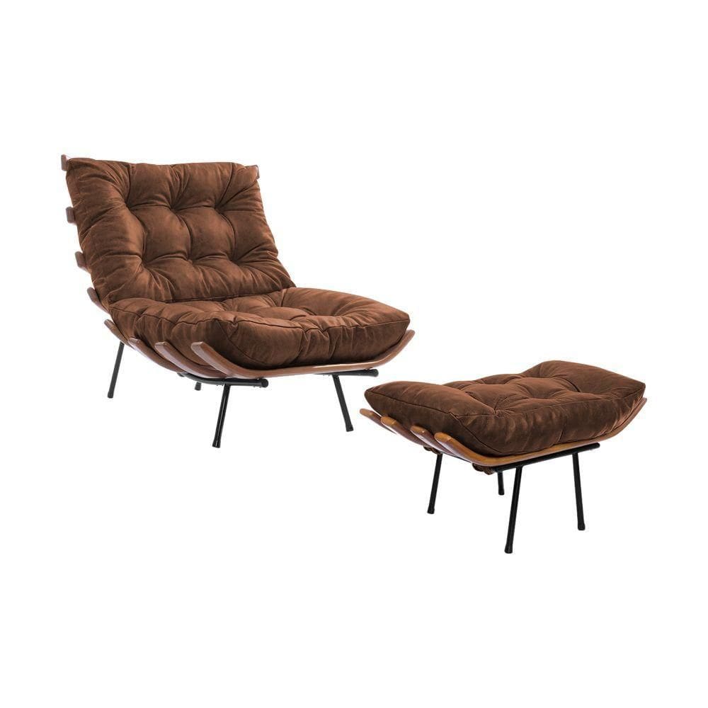 Poltrona Costela Com Puff Couro Marrom