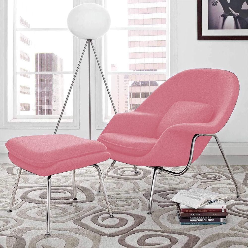 Poltrona Womb Chair Com Puff Cromada Linho Rosa