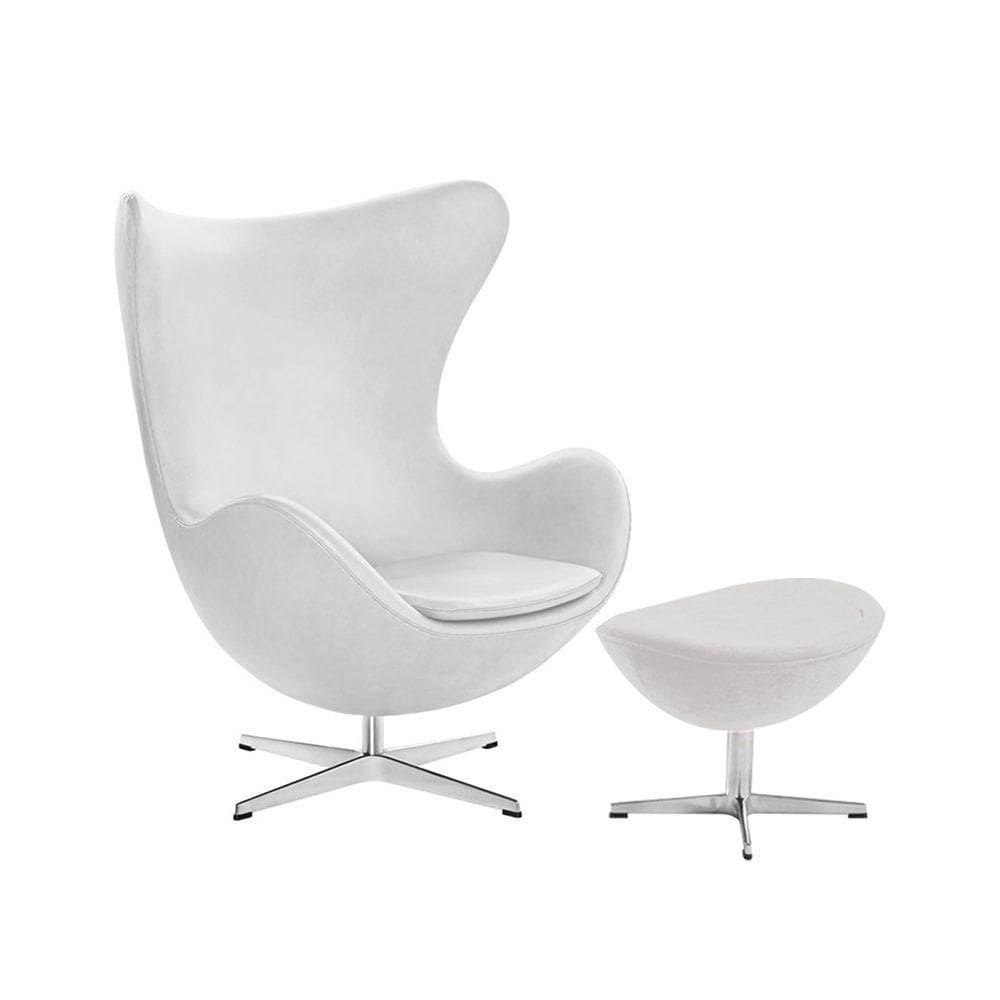 Poltrona Egg Com Puff Base Em Alumínio Couro Natural Branco