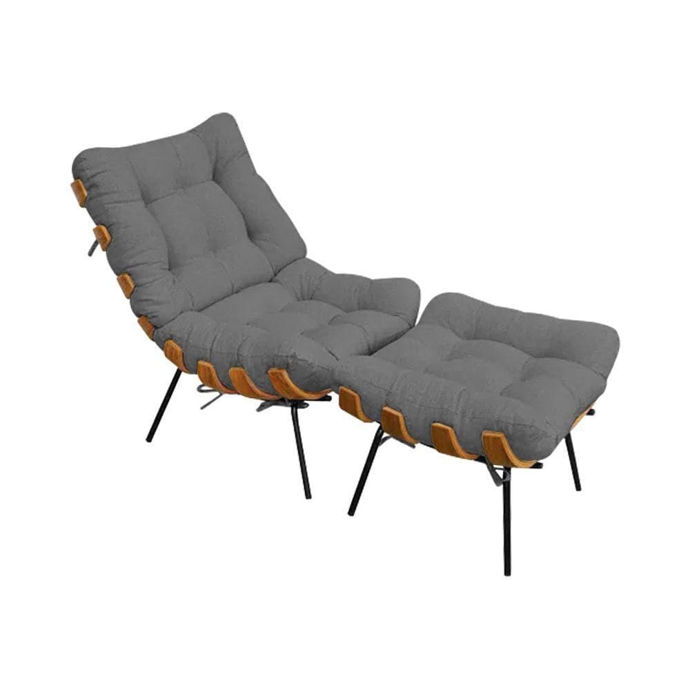 Poltrona Costela Com Puff Em Linho Cinza