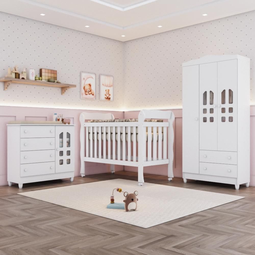 Quarto Bebê Completo Berço Americano Marquesa 3Em1 Lila Guarda Roupa 3 Portas Cômoda Infantil 100% MDF