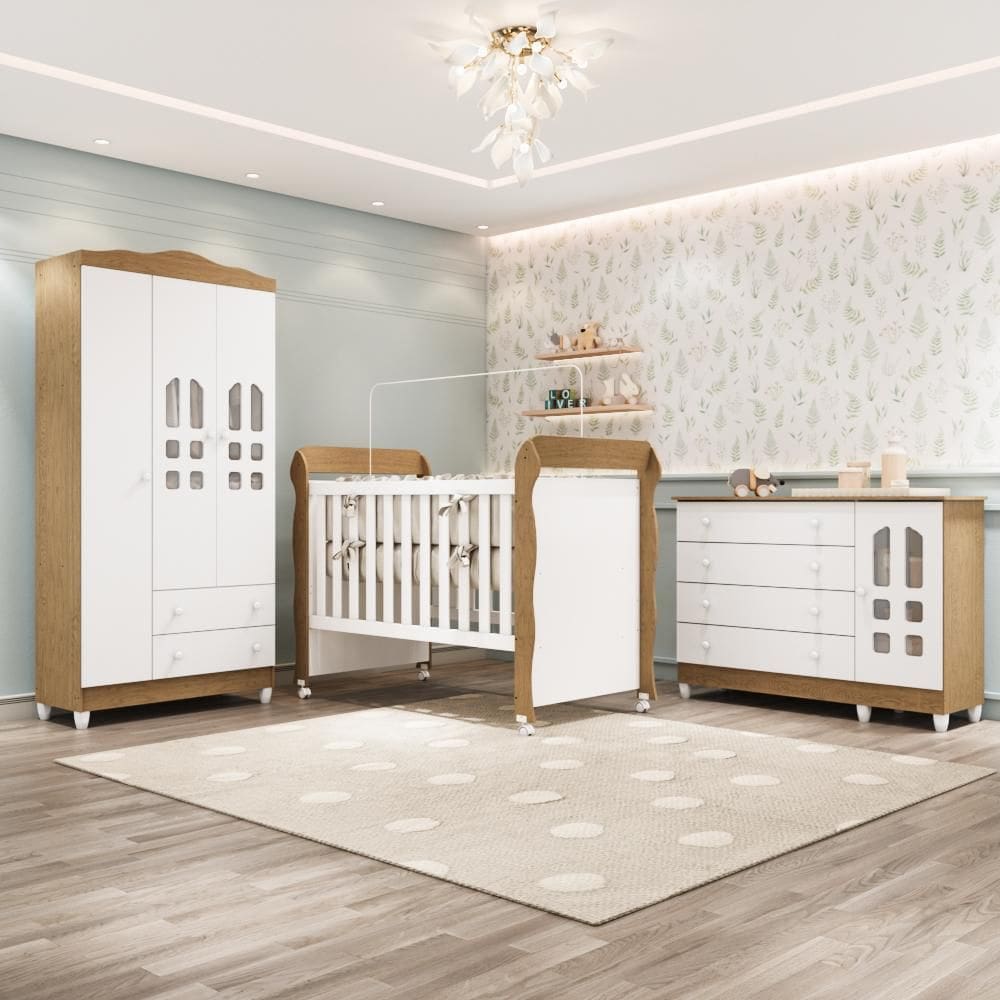 Quarto Bebê Completo Berço Americano Marquesa 3Em1 Guarda Roupa 3 Portas Cômoda Infantil 100% MDF