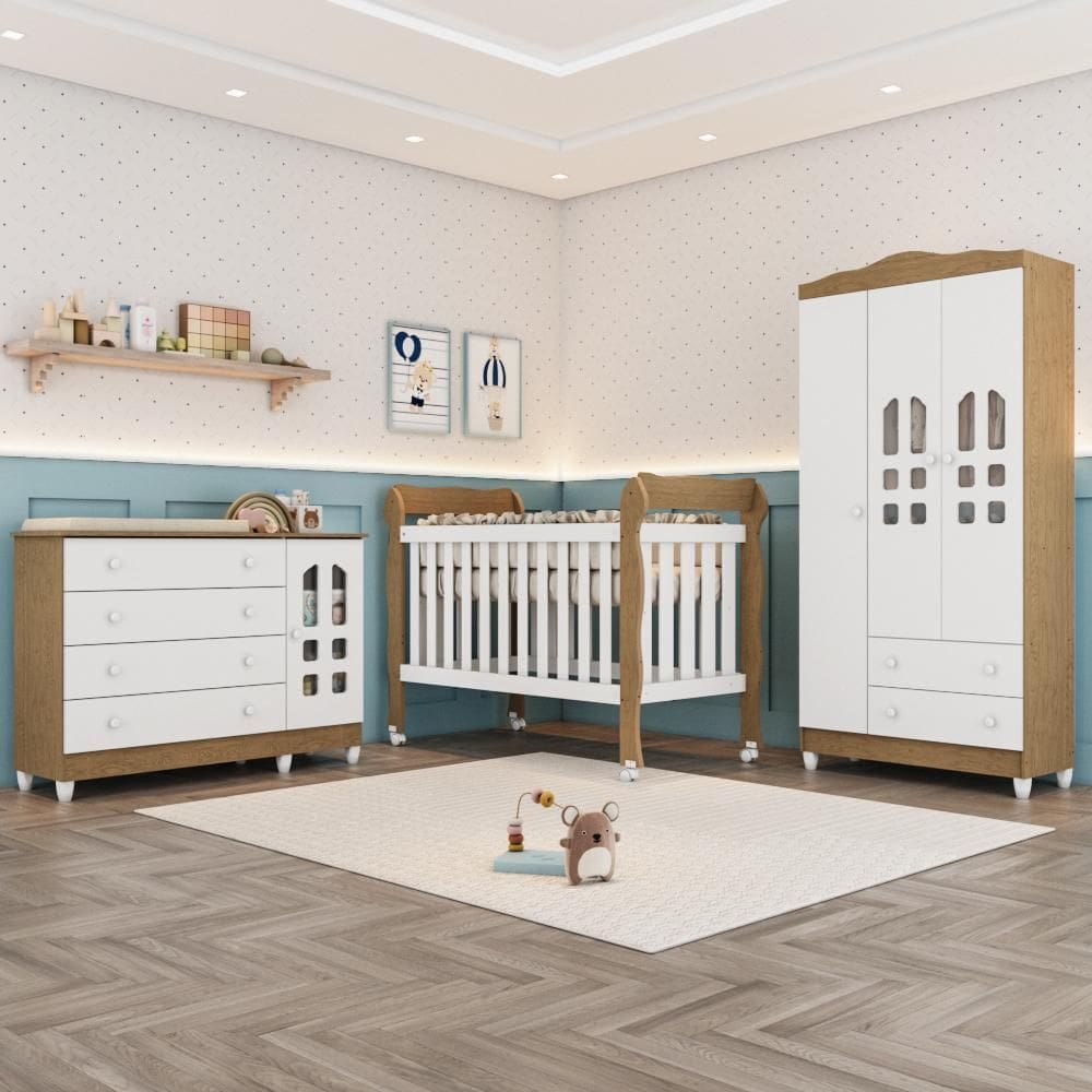 Quarto Bebê Completo Berço Americano Marquesa 3Em1 Lila Guarda Roupa 3 Portas Cômoda Infantil 100% MDF