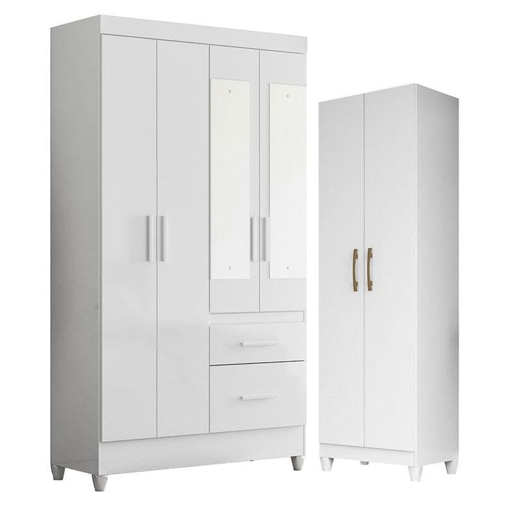 Guarda Roupa Solteiro Madri com Espelho e Armário Multiuso New Íris Branco Brilho - Moval