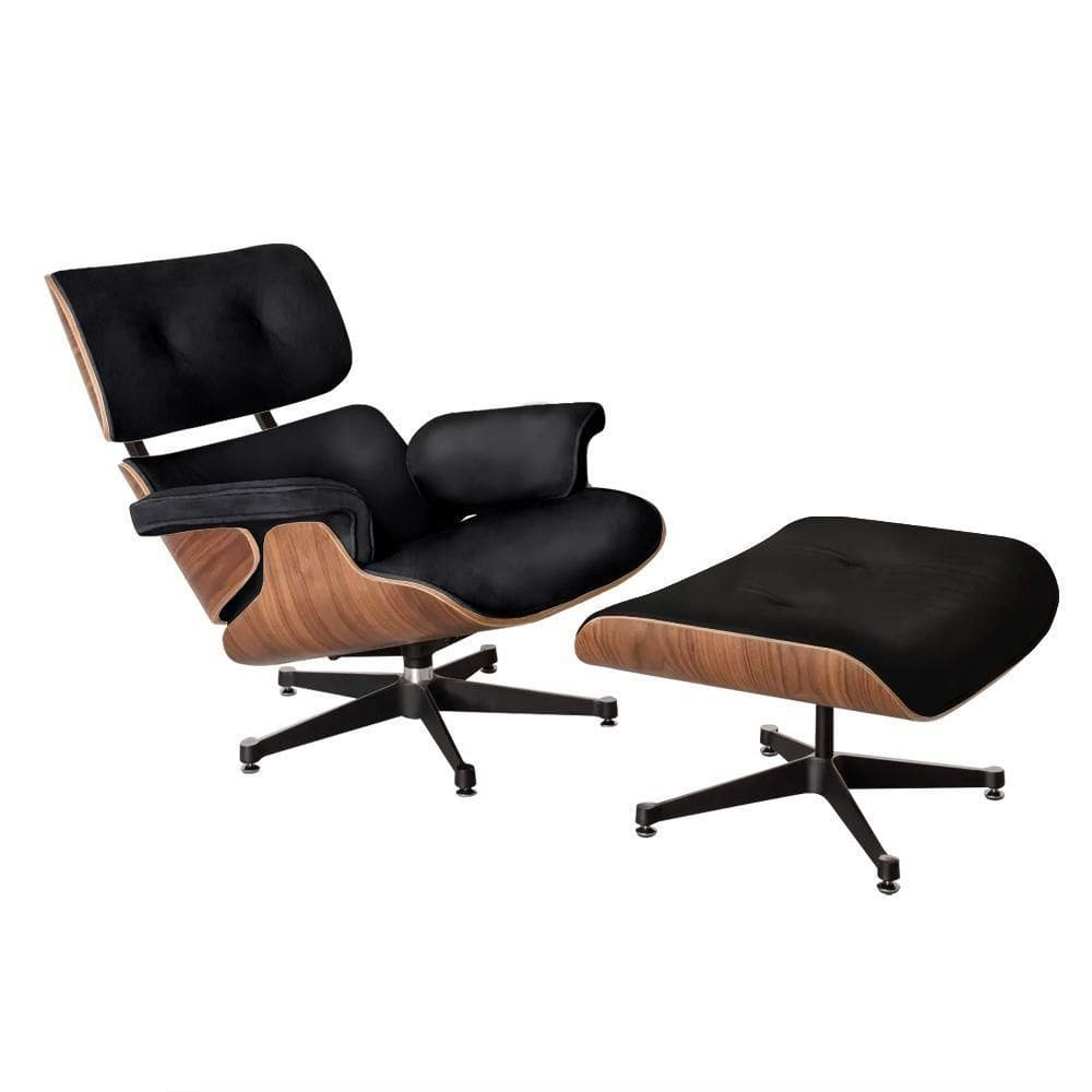 Poltrona Charles Eames Com Puff Couro Preto