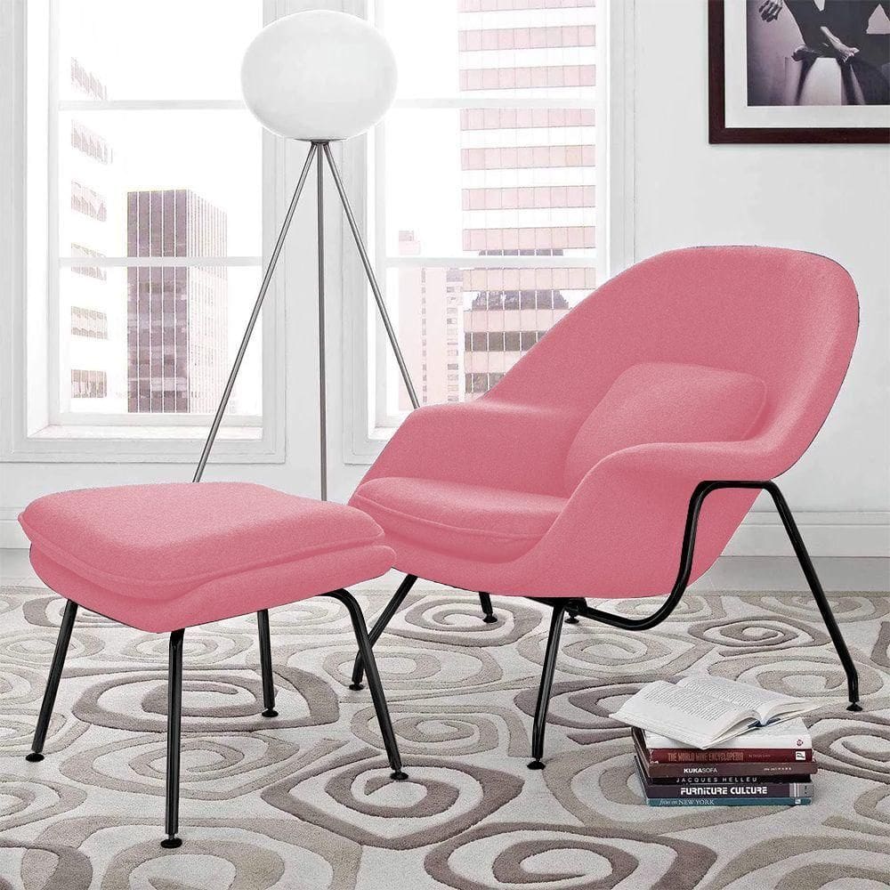 Poltrona Womb Chair Com Puff Linho Rosa