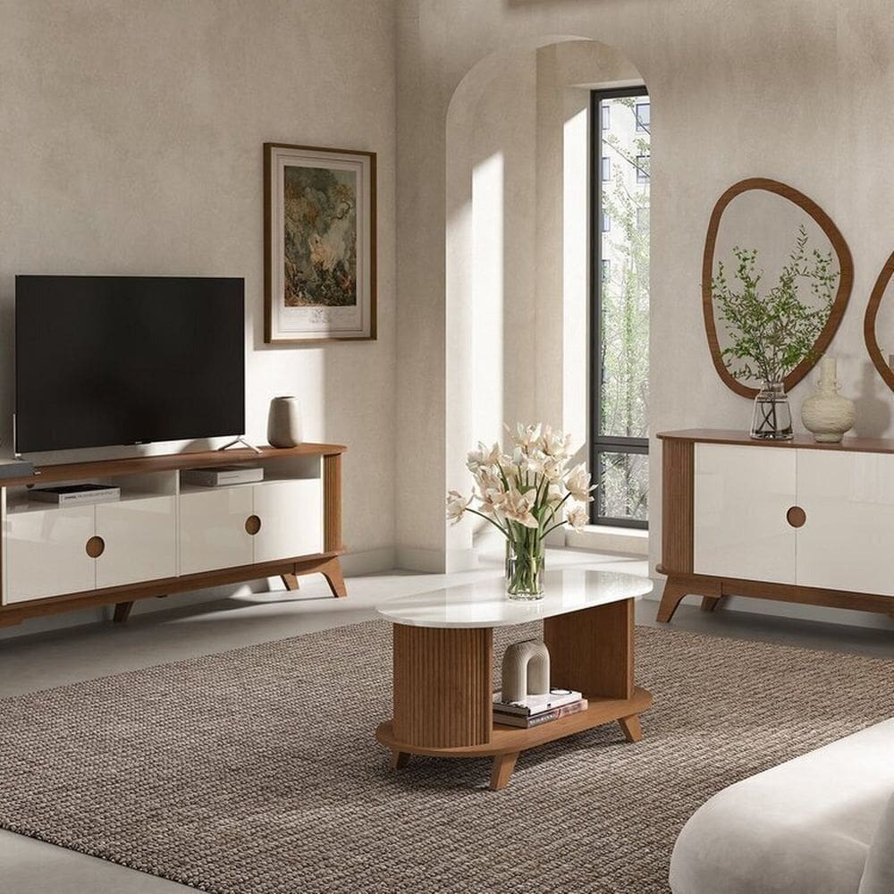 Conjunto Sala de Estar Mesa de Centro e Buffet e Rack Vivaldi e Espelhos Orgânico Cinamomo / Off White