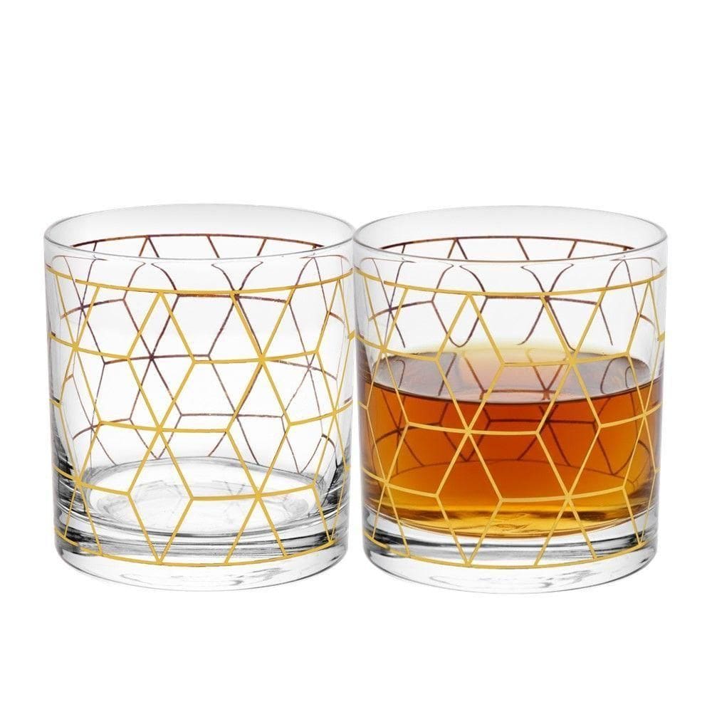 Jogo 2 Copo De Whisky Vidro Baixo Para Drink Whiskey Uisque Detalhe Dourado Cube 320ml Wolff